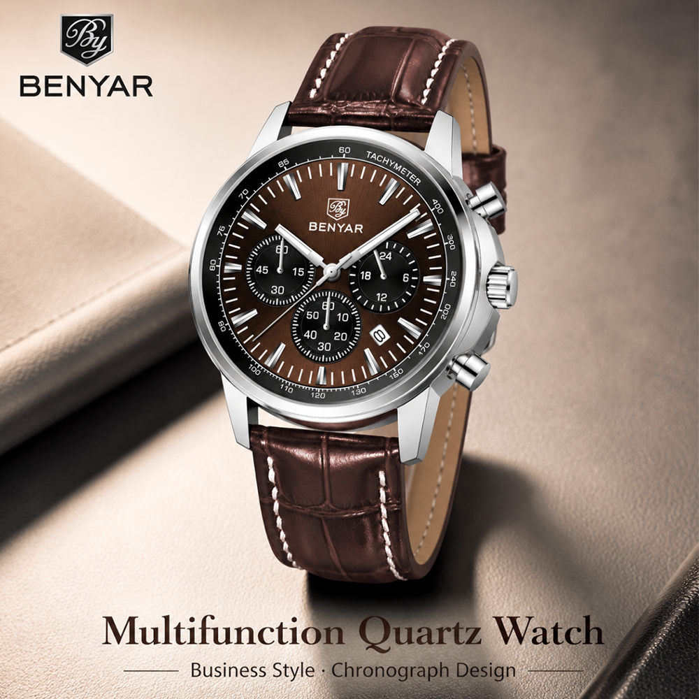 Leather Watch Strap - BENYAR Top brand multifunctional men's chronograph